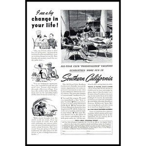 1940 Southern California Vacation Club Vintage Print Ad Summer Holiday Wall Art